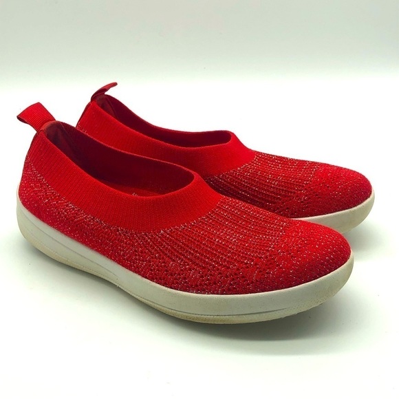 Fitflop Shoes Women's 7 Uberknit Red Ballerina Casual Comfy Slip Ons - Picture 1 of 8
